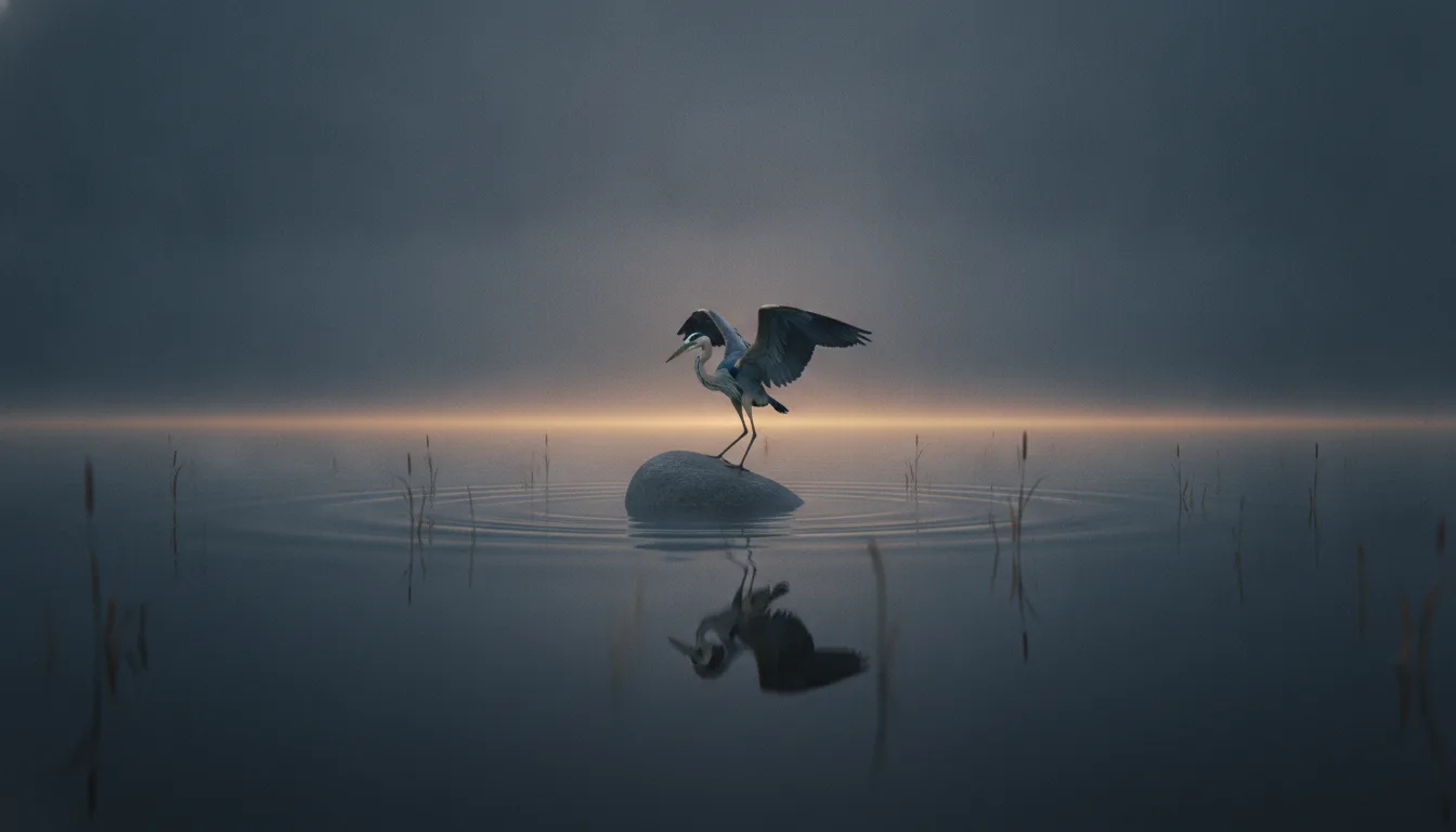 A heron alighting on the first stone as the mist parts.