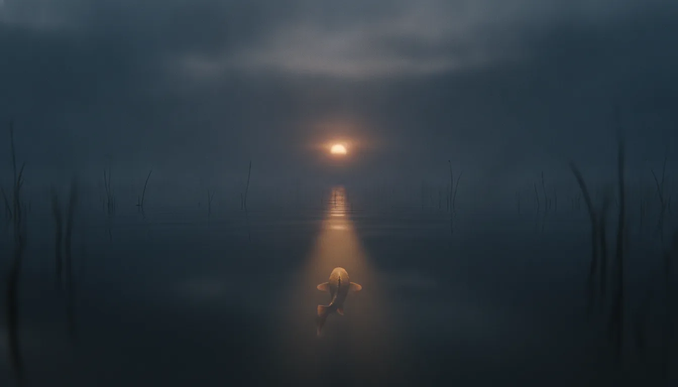 A fish shape resolving in a shaft of light beneath dark water.